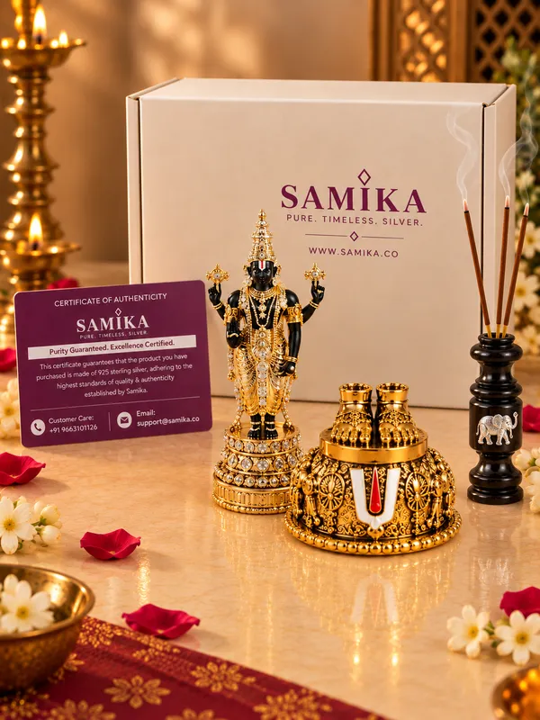 24K_Gold_Tirupati_Balaji_Idol,_Vishnu_Charan_&_Incense_Stick_Holder_Combo