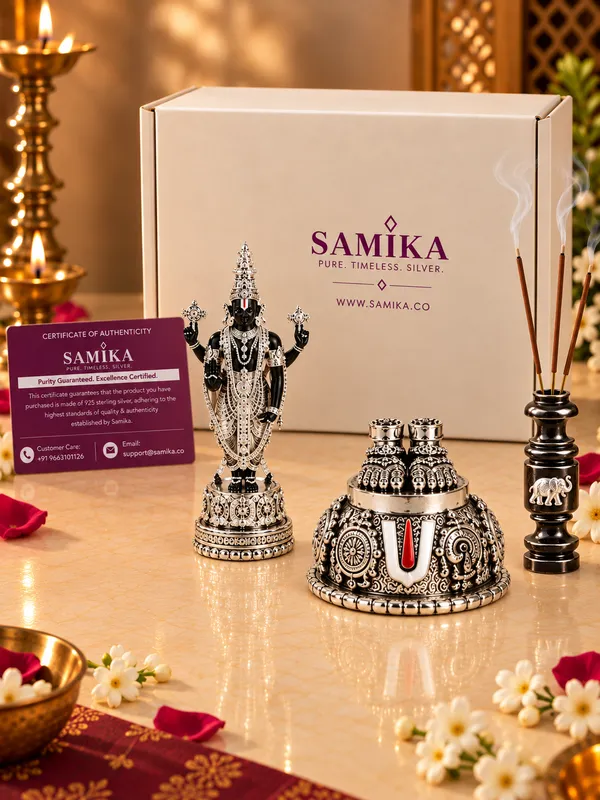 999_Pure_Silver_Tirupati_Balaji_Idol,_Vishnu_Charan_&_Incense_Stick_Holder_Combo