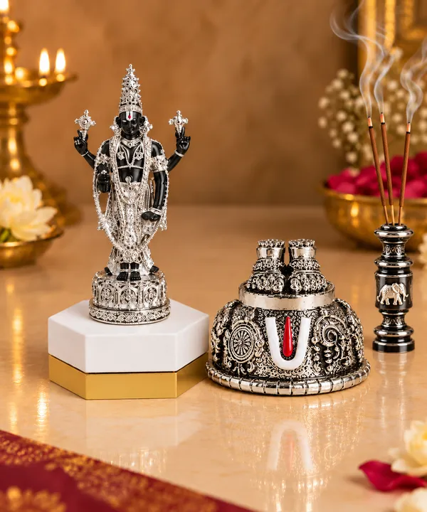 999_Pure_Silver_Tirupati_Balaji_Idol,_Vishnu_Charan_&_Incense_Stick_Holder_Combo