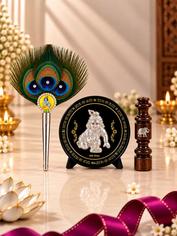 999_Silver_Bal_Gopal_Frame,_Silver_Morpankh_&_Incense_Stick_Holder_Combo
