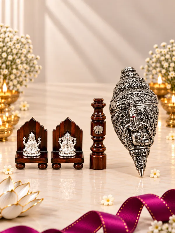 999_Silver_Ganesh_Lakshmi_with_Wooden_Aasan,_Incense_Holder_&_Shankh_Combo