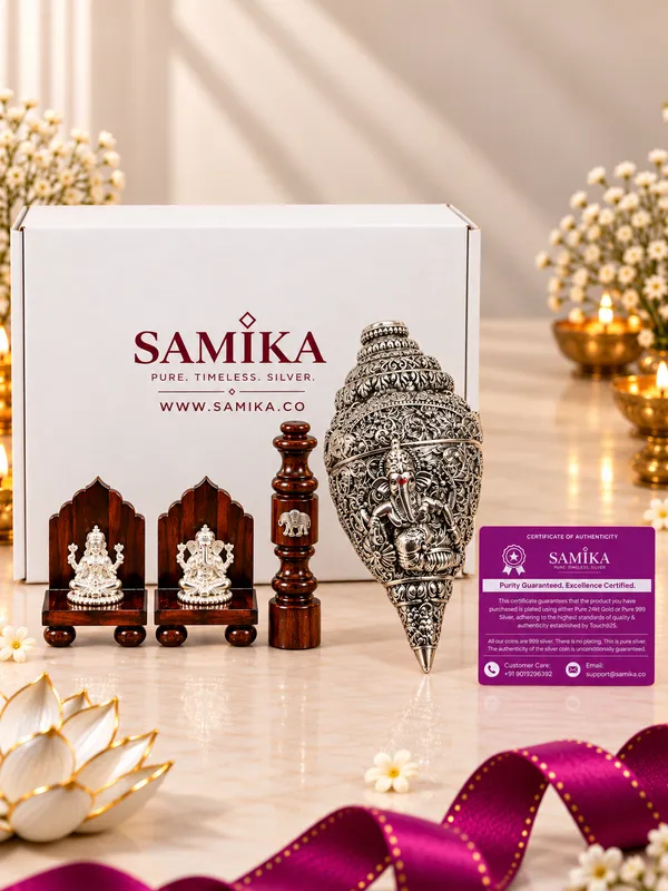 999_Silver_Ganesh_Lakshmi_with_Wooden_Aasan,_Incense_Holder_&_Shankh_Combo