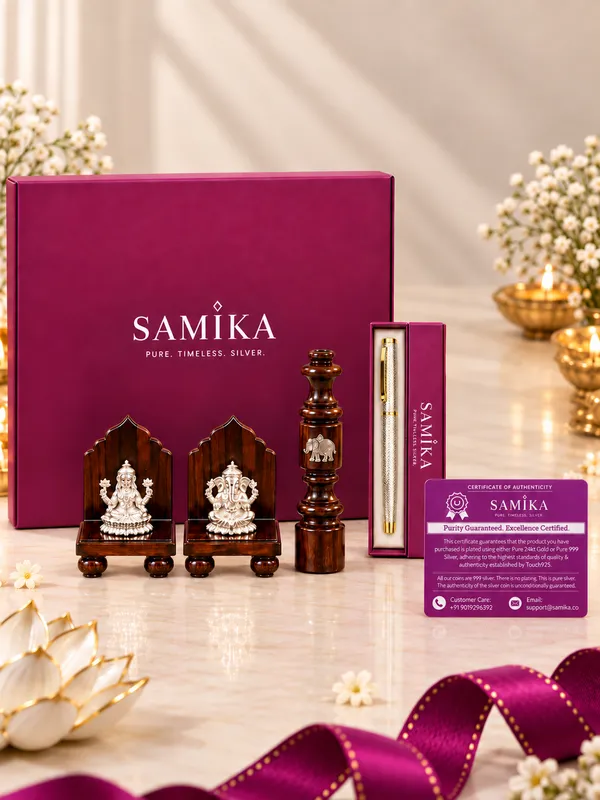 999_Silver_Ganesh_Lakshmi_with_Wooden_Aasan,_Incense_Holder_&_Silver_Pen_Combo
