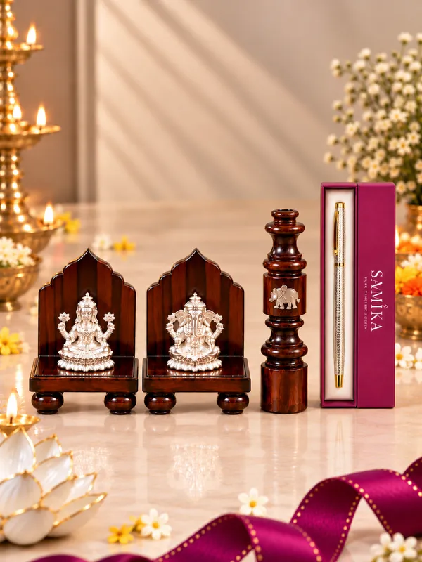 999_Silver_Ganesh_Lakshmi_with_Wooden_Aasan,_Incense_Holder_&_Silver_Pen_Combo