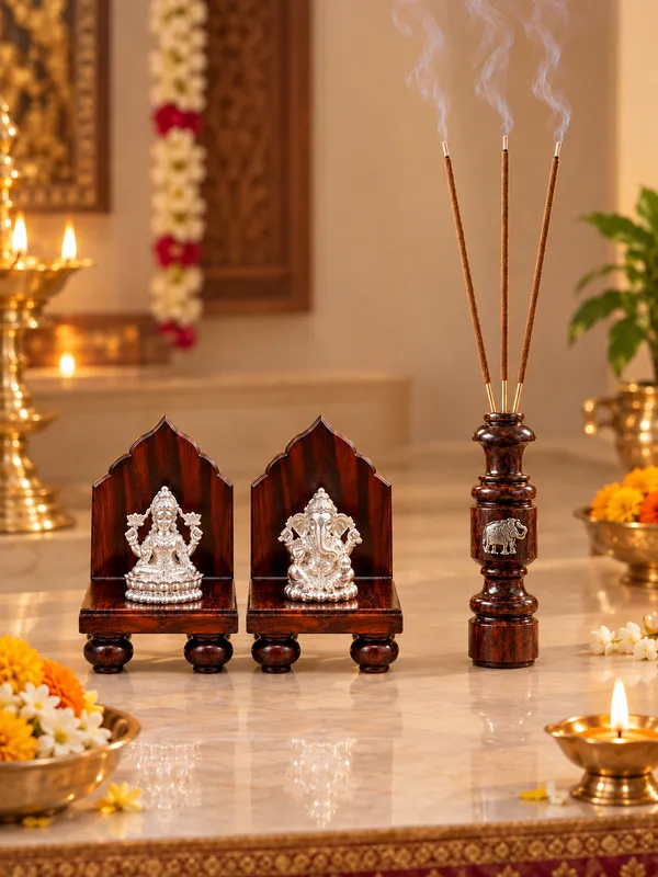 999_Silver_Ganesh_Lakshmi_with_Wooden_Aasan_&_Incense_Stick_Holder_Combo