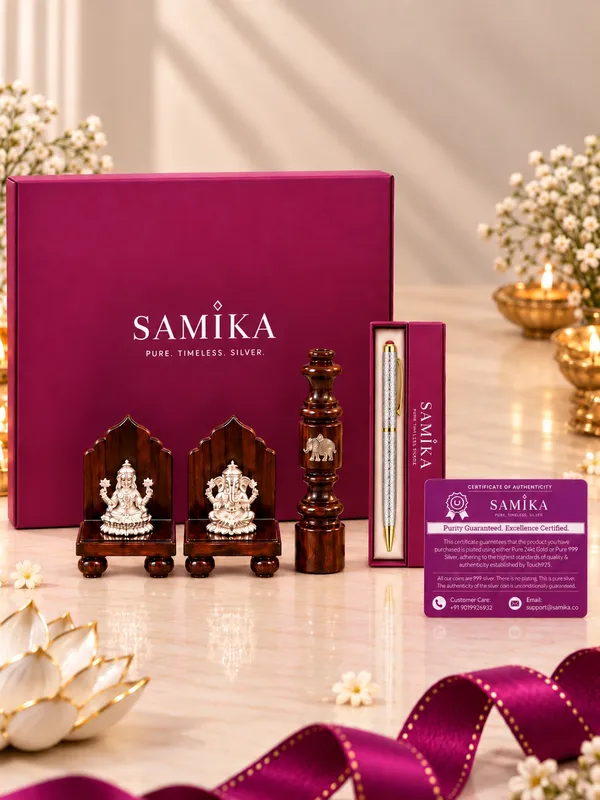 999_Silver_Ganesh_Lakshmi_with_Wooden_Aasan,_Incense_Holder_&_Silver_Pen_Combo