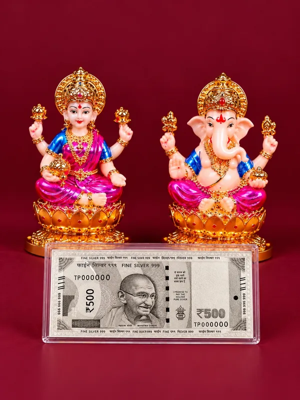 24K_Gold_Plated_Non-Breakable_Lakshmi_Ganesh_Idol_with_?500_Silver_Currency_Note_Combo