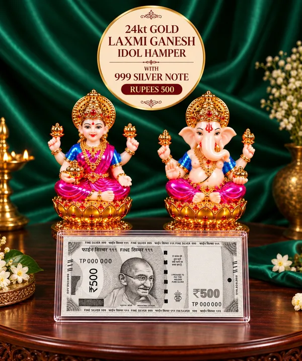 24K_Gold_Plated_Non-Breakable_Lakshmi_Ganesh_Idol_with_?500_Silver_Currency_Note_Combo