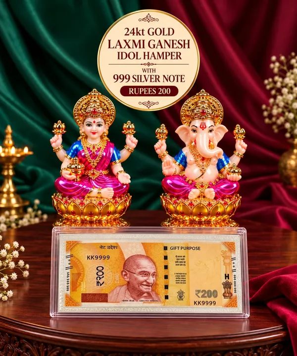 24K_Gold_Plated_Non-Breakable_Lakshmi_Ganesh_Idol_with_?200_Silver_Currency_Note_Combo
