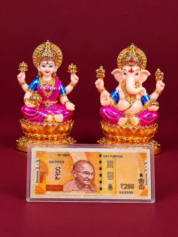 24K_Gold_Plated_Non-Breakable_Lakshmi_Ganesh_Idol_with_?200_Silver_Currency_Note_Combo
