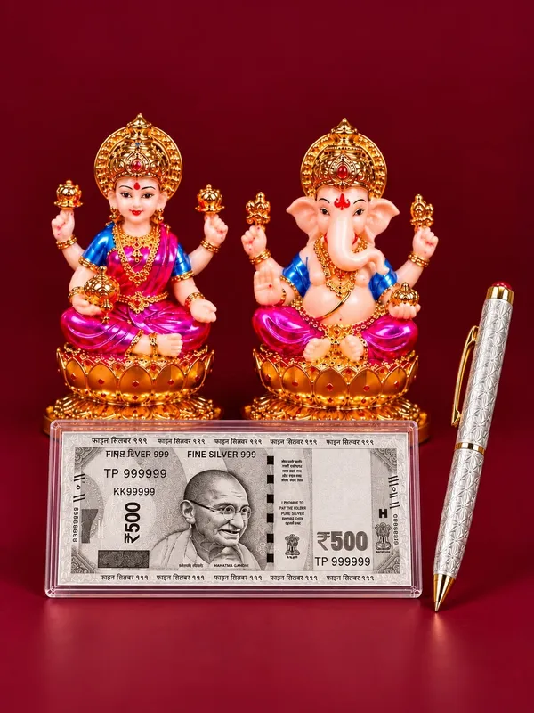 24K_Gold_Plated_Non-Breakable_Lakshmi_Ganesh_Idol_with_?500_Silver_Currency_Note_&_Silver_Pen_Combo
