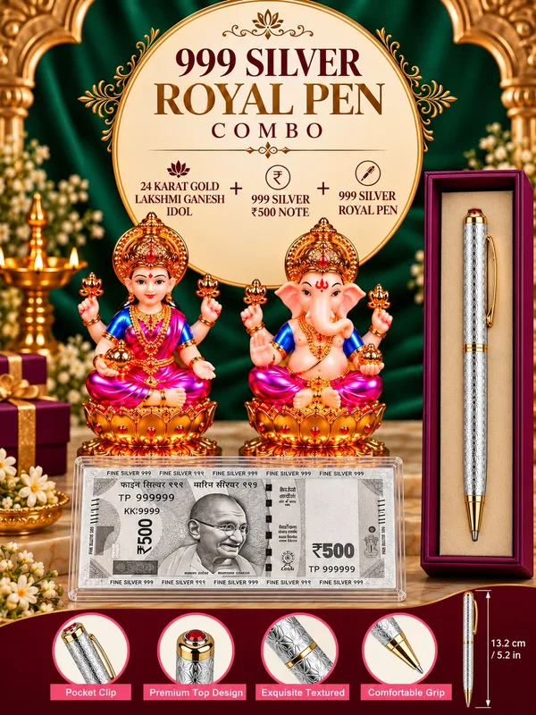24K_Gold_Plated_Non-Breakable_Lakshmi_Ganesh_Idol_with_?500_Silver_Currency_Note_&_Silver_Pen_Combo