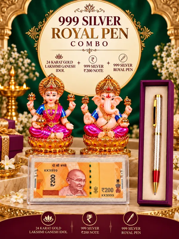 24K_Gold_Plated_Non-Breakable_Lakshmi_Ganesh_Idol_with_?200_Silver_Currency_Note_&_Silver_Pen_Combo