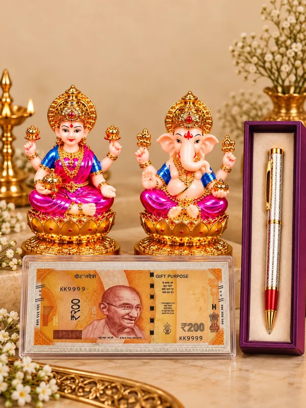 24K_Gold_Plated_Non-Breakable_Lakshmi_Ganesh_Idol_with_?200_Silver_Currency_Note_&_Silver_Pen_Combo