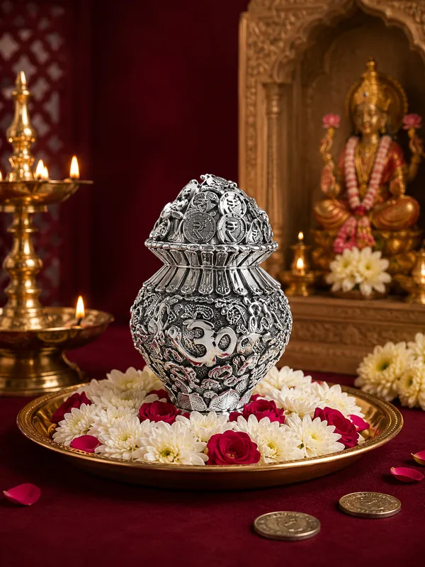 999_Silver_Plated_Kuber_Kalash_with_Rupee_Coin_Design_&_Om_Symbol_|_Antique_Finish_Prosperity_Kalash_for_Home_Temple,_Pooja_Room,_Vastu_Decor,_Diwali,_Housewarming_&_Auspicious_Gifting