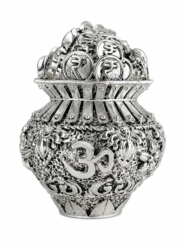 999_Silver_Plated_Kuber_Kalash_with_Rupee_Coin_Design_&_Om_Symbol_|_Antique_Finish_Prosperity_Kalash_for_Home_Temple,_Pooja_Room,_Vastu_Decor,_Diwali,_Housewarming_&_Auspicious_Gifting