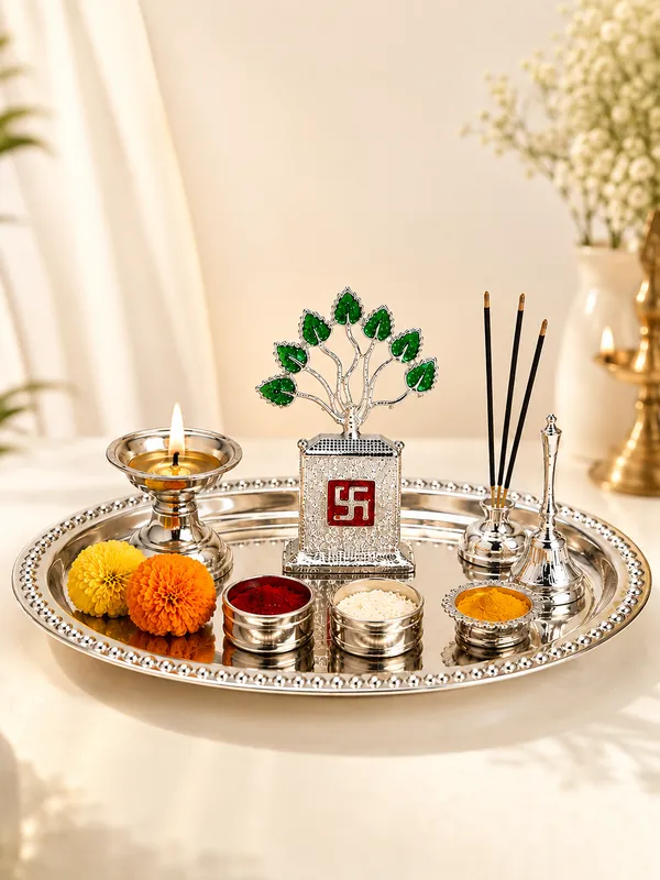999_Silver_Plated_Divine_Tulsi_Tree_Decorative_Idol_with_Green_Emerald_Leaves_&_Swastik_Design_|_Auspicious_Pooja,_Home_D�cor,_Office_&_Festive_Gifting