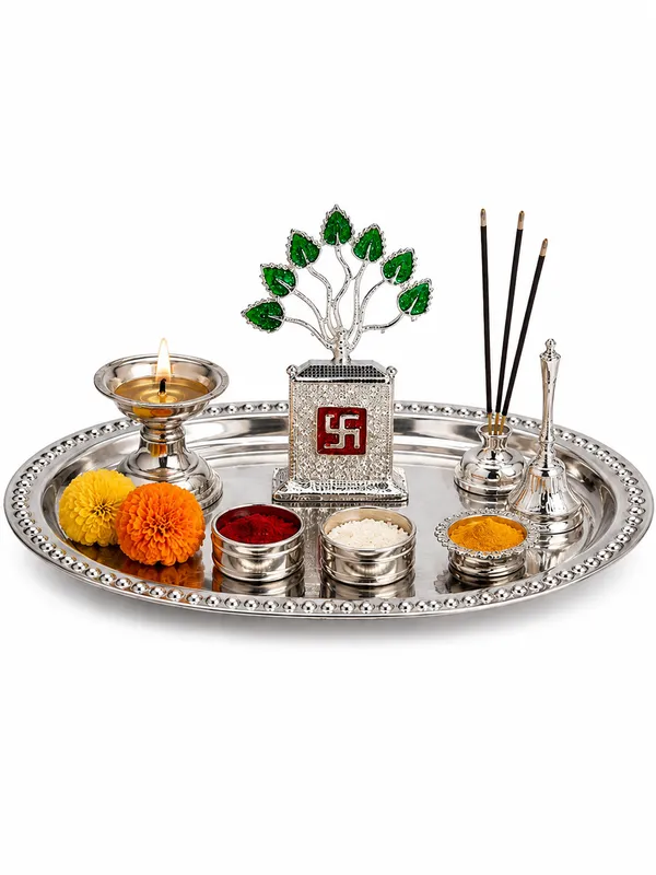999_Silver_Plated_Divine_Tulsi_Tree_Decorative_Idol_with_Green_Emerald_Leaves_&_Swastik_Design_|_Auspicious_Pooja,_Home_D�cor,_Office_&_Festive_Gifting