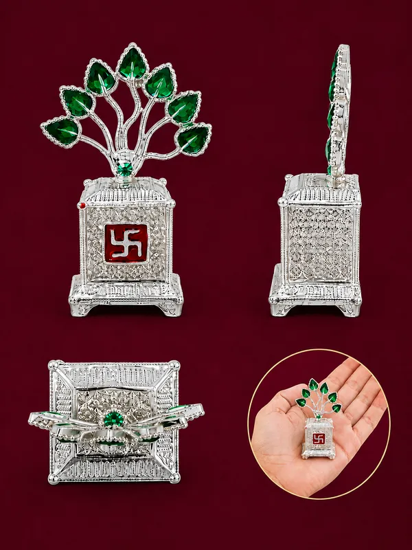 999_Silver_Plated_Divine_Tulsi_Tree_Decorative_Idol_with_Green_Emerald_Leaves_&_Swastik_Design_|_Auspicious_Pooja,_Home_D�cor,_Office_&_Festive_Gifting