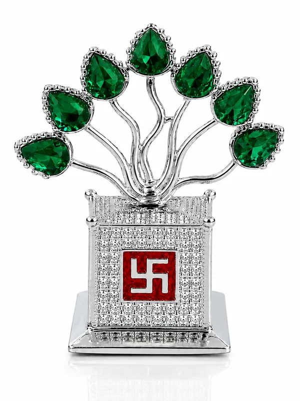 999_Silver_Plated_Divine_Tulsi_Tree_Decorative_Idol_with_Green_Emerald_Leaves_&_Swastik_Design_|_Auspicious_Pooja,_Home_D�cor,_Office_&_Festive_Gifting