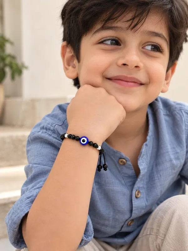 925_Sterling_Silver_Blue_Evil_Eye_Black_Beaded_Adjustable_Thread_Bracelet_For_Kids
