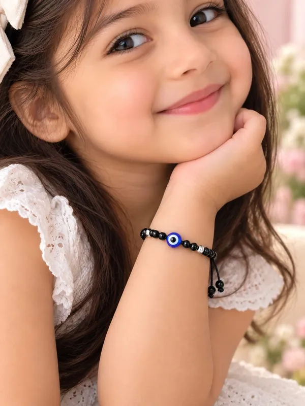 925_Sterling_Silver_Blue_Evil_Eye_Black_Beaded_Adjustable_Thread_Bracelet_For_Kids