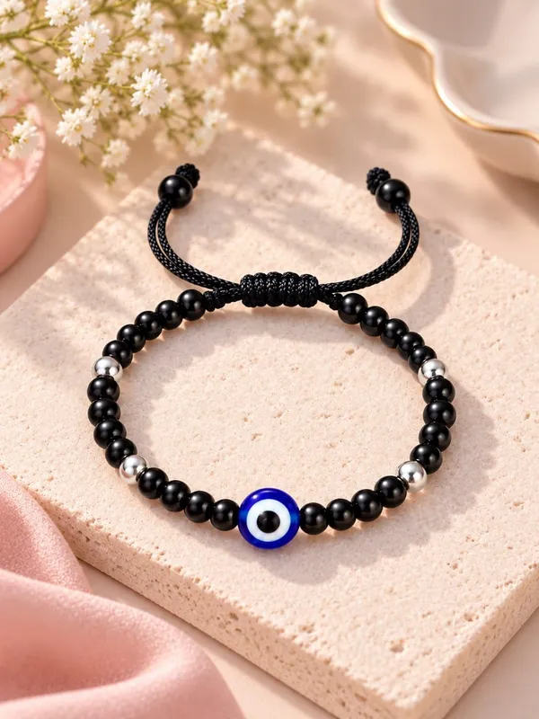 925_Sterling_Silver_Blue_Evil_Eye_Black_Beaded_Adjustable_Thread_Bracelet_For_Kids