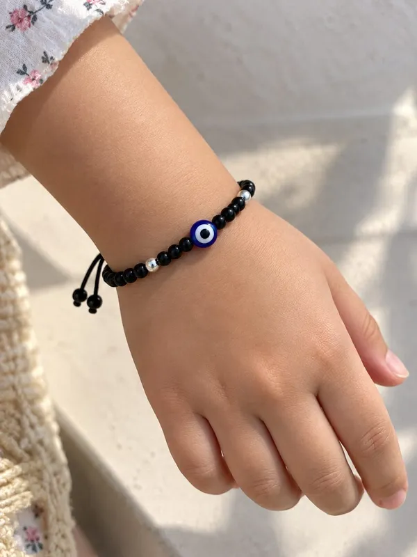 925_Sterling_Silver_Blue_Evil_Eye_Black_Beaded_Adjustable_Thread_Bracelet_For_Kids