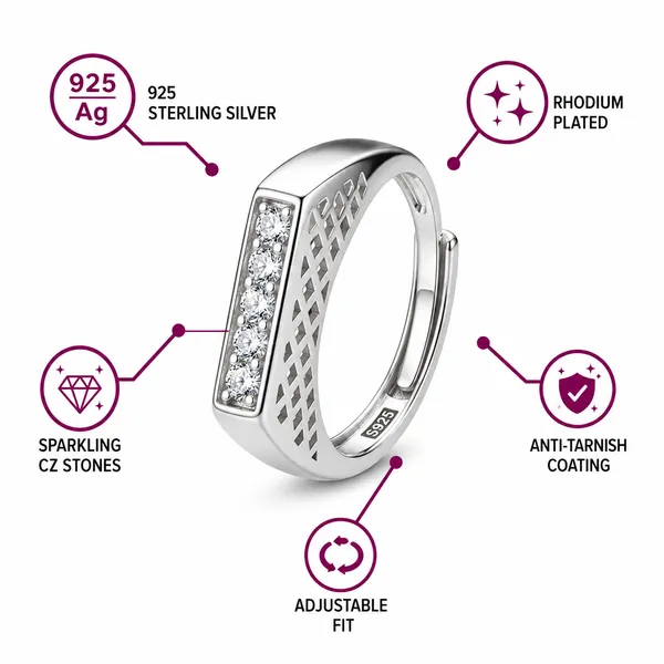 925_Sterling_Silver_CZ_Bar_Adjustable_Ring_Men's_Ring