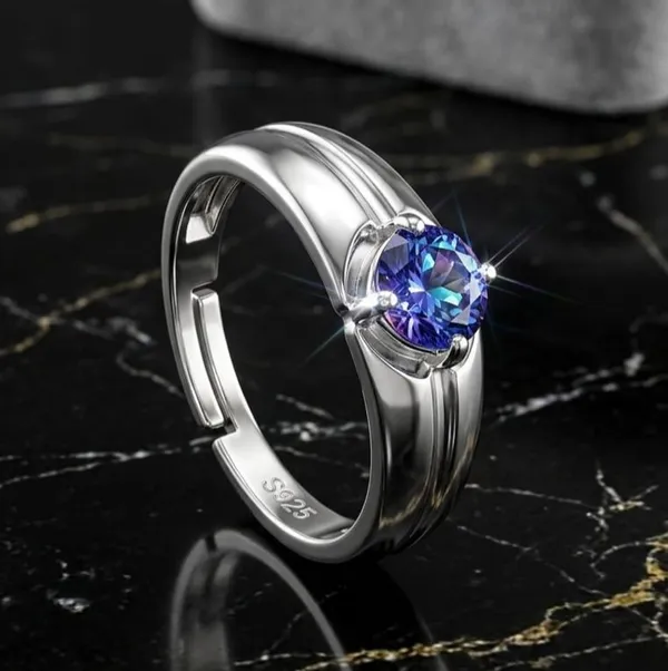 925_Sterling_Silver_Blue_Sapphire_Solitaire_Adjustable_Ring_Men's_Ring