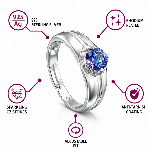 925_Sterling_Silver_Blue_Sapphire_Solitaire_Adjustable_Ring_Men's_Ring