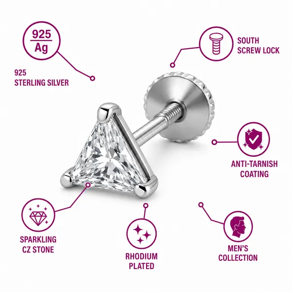 925_Sterling_Silver_Triangle_Cut_Men's_earrings_in_Pair