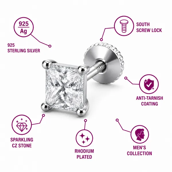 925_Sterling_Silver_Princess_Cut_Men's_earrings(Single)