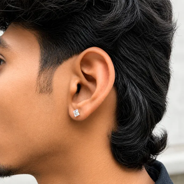 925_Sterling_Silver_Princess_Cut_Men's_earrings(Single)