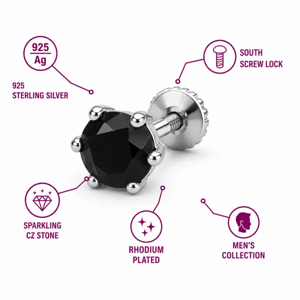 925_Sterling_Silver_Black_Stone_Men's_earrings_in_Pair