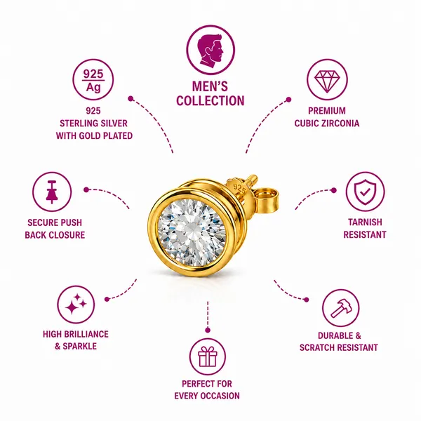 925_Sterling_Silver_With_22k_Gold_Plated_Classic_Solitaire_Men's_Stud_in_Pair