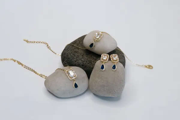 925_Sterling_Silver_Gold-Plated_Sapphire_Drop_Jewellery_Set