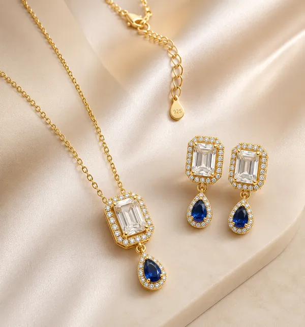 925_Sterling_Silver_Gold-Plated_Sapphire_Drop_Jewellery_Set