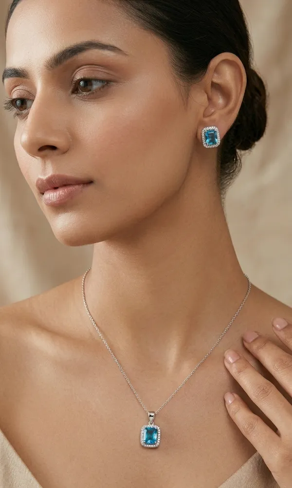 925_Sterling_Silver_Blue_Stone_Jwellery_Set_(With_Chain)