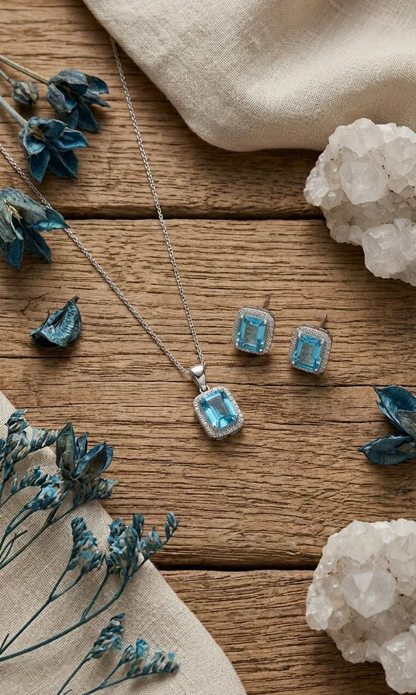 925_Sterling_Silver_Blue_Stone_Jwellery_Set_(With_Chain)