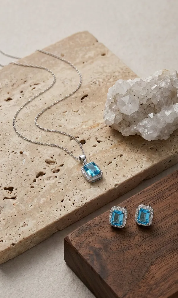 925_Sterling_Silver_Blue_Stone_Jwellery_Set_(With_Chain)