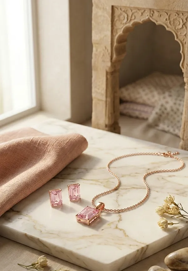 925_Sterling_Silver_Rose_Gold-Plated_Pink_Stone_Jewellry_Set_(With_Chain)