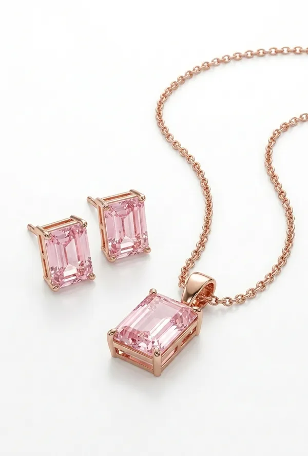 925_Sterling_Silver_Rose_Gold-Plated_Pink_Stone_Jewellry_Set_(With_Chain)