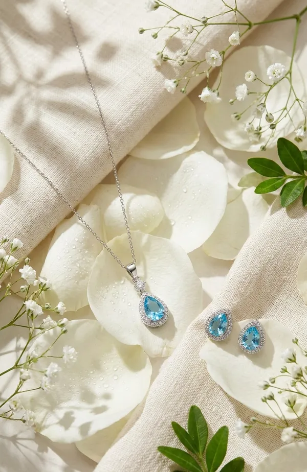 925_Sterling_Silver_Azure_Teardrop_Halo_Jewelry_Set_(With_Chain)