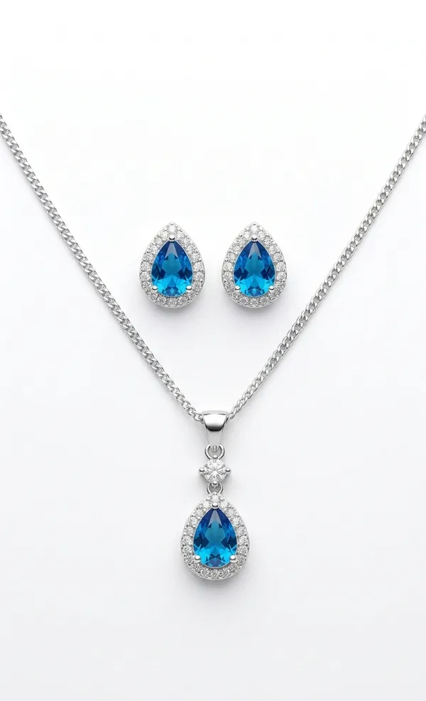 925_Sterling_Silver_Azure_Teardrop_Halo_Jewelry_Set_(With_Chain)