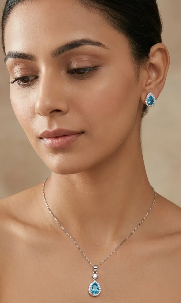 925_Sterling_Silver_Azure_Teardrop_Halo_Jewelry_Set_(With_Chain)