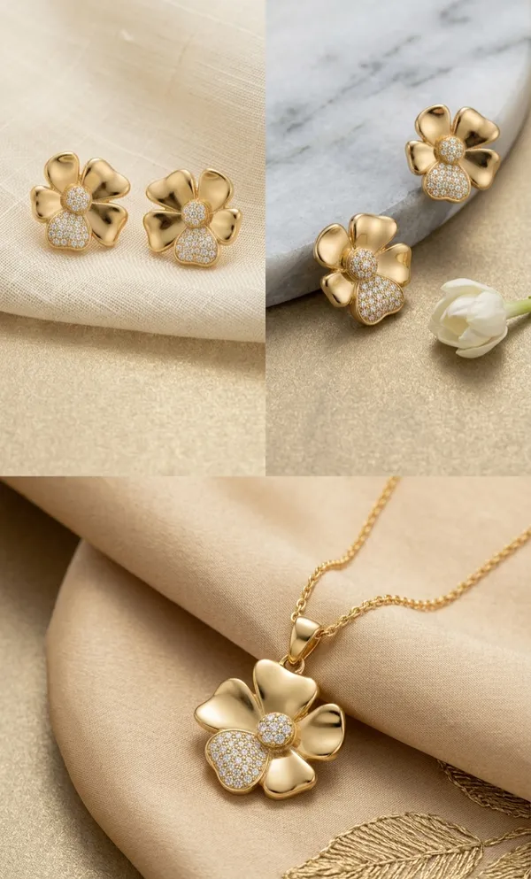 925_Sterling_Silver_22K_Gold-Plated_Aurora_Bloom_Jewellery_Set_(With_Chain)