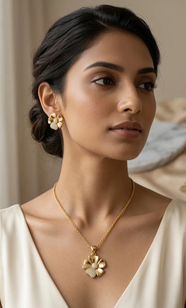 925_Sterling_Silver_22K_Gold-Plated_Aurora_Bloom_Jewellery_Set_(With_Chain)