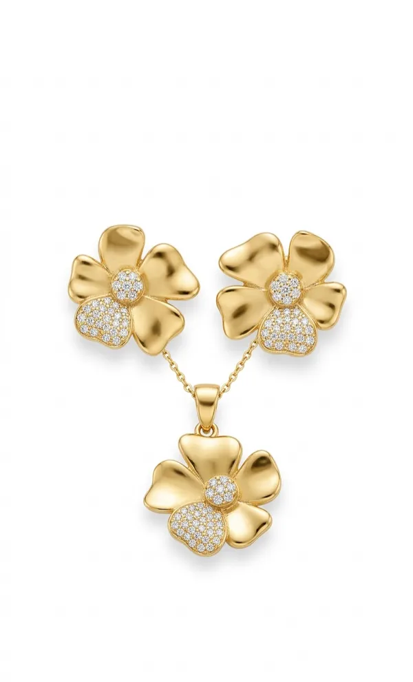 925_Sterling_Silver_22K_Gold-Plated_Aurora_Bloom_Jewellery_Set_(With_Chain)