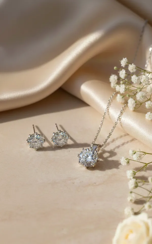 925_Sterling_Silver_Celestial_Star-Burst_Pendant_&_Earring_Set_(With_Chain)